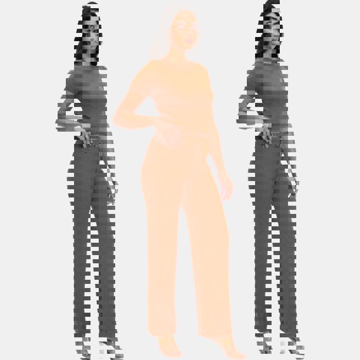 Cozy Knit Matching Set with Short Sleeve Top and Wide Leg Pants Soft Stretchy Fabric Comfortable Drawstring Waist Effortless Lounge