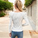 Large Knit & Lounge Embroidered Long Sleeve Eyelet Blouse with Puff Shoulders Elegant Feminine Top