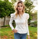 XL Knit & Lounge Embroidered Long Sleeve Eyelet Blouse with Puff Shoulders Elegant Feminine Top