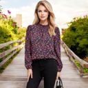 Large Knit & Lounge Floral Print Long Sleeve Mock Neck Blouse with Gathered Details Feminine Casual Top