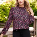 Medium Knit & Lounge Floral Print Long Sleeve Mock Neck Blouse with Gathered Details Feminine Casual Top