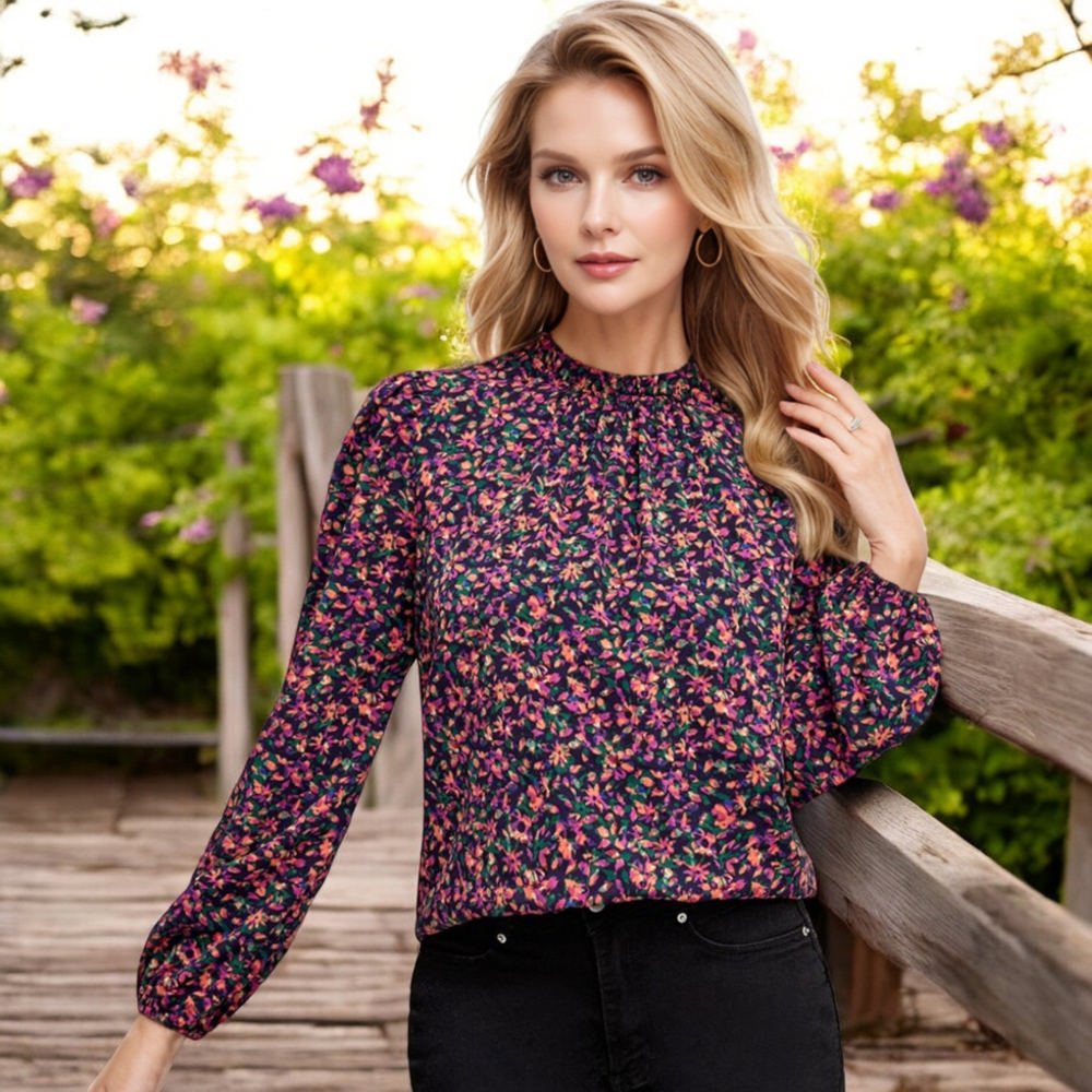 Knit & Lounge Floral Print Long Sleeve Mock Neck Blouse with Gathered Details Feminine Casual Top