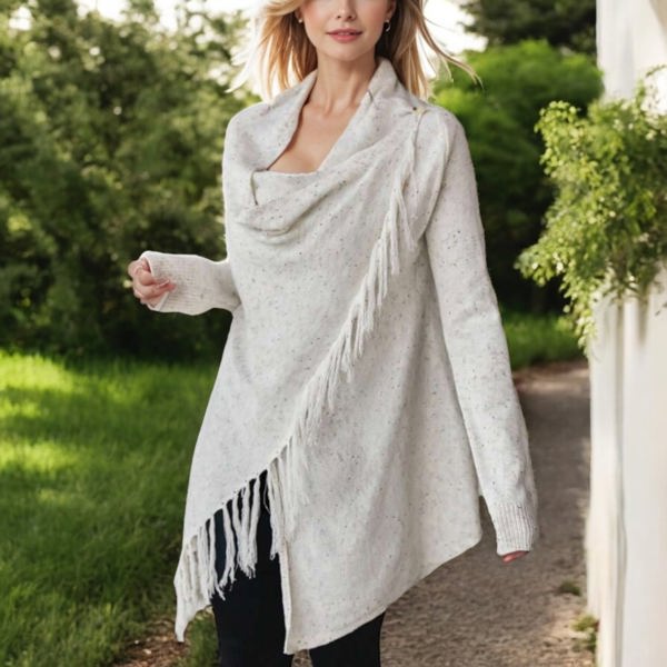 Knit & Lounge Fringe Trim Asymmetrical Knit Cardigan Shawl Collar Long Sleeve Cozy Casual Wrap