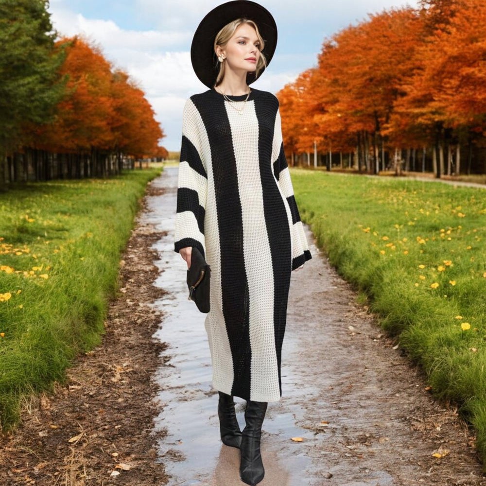 Knit & Lounge Color Block Striped Long Sleeve Maxi Sweater Dress Relaxed Fit Cozy Casual Dress