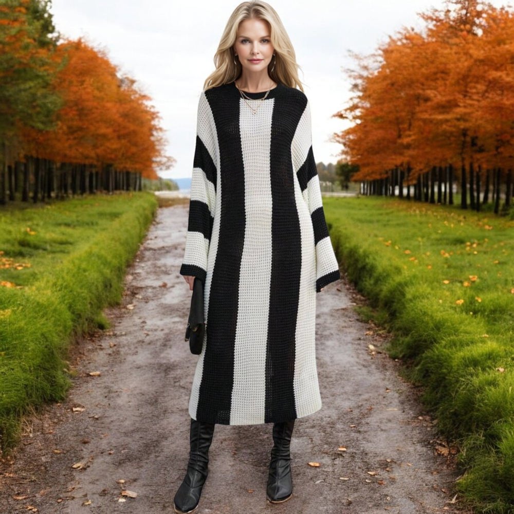 Knit & Lounge Color Block Striped Long Sleeve Maxi Sweater Dress Relaxed Fit Cozy Casual Dress