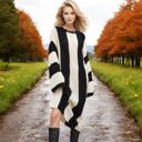 Large Knit & Lounge Color Block Striped Long Sleeve Maxi Sweater Dress Relaxed Fit Cozy Casual Dress