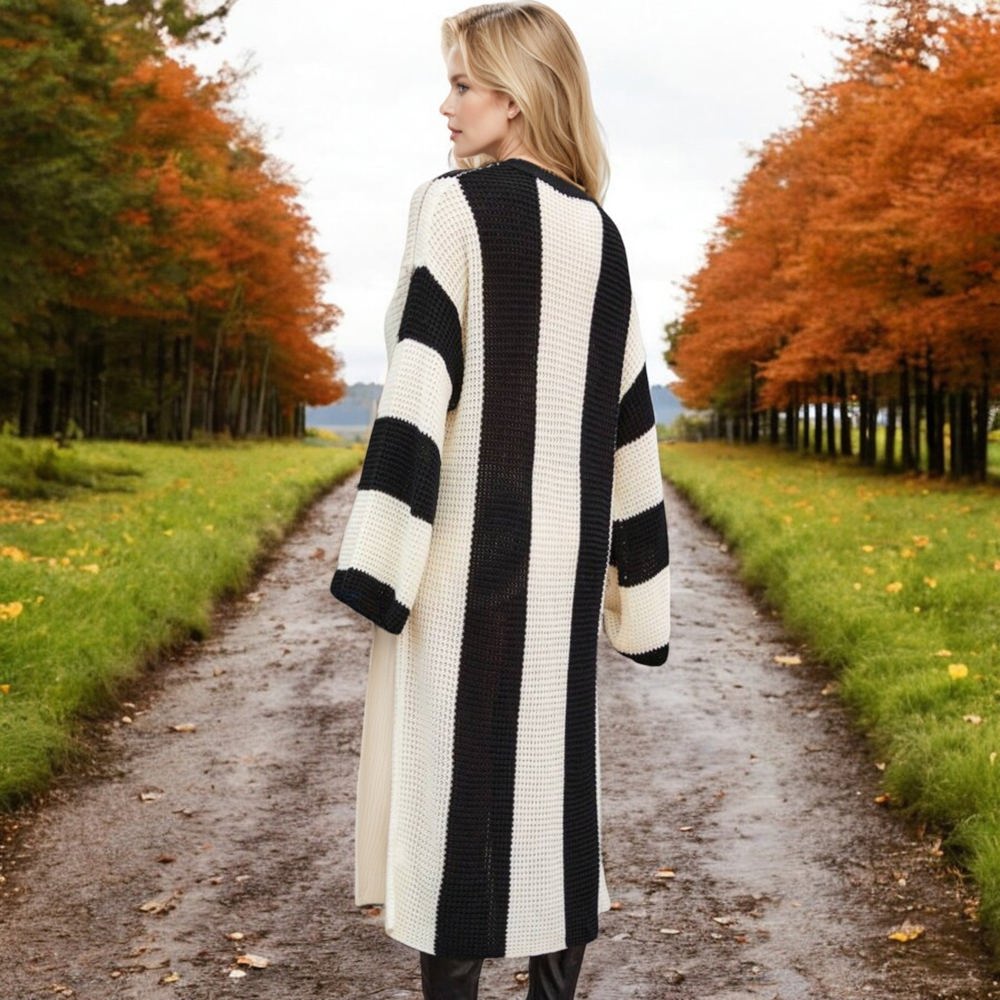 Knit & Lounge Color Block Striped Long Sleeve Maxi Sweater Dress Relaxed Fit Cozy Casual Dress