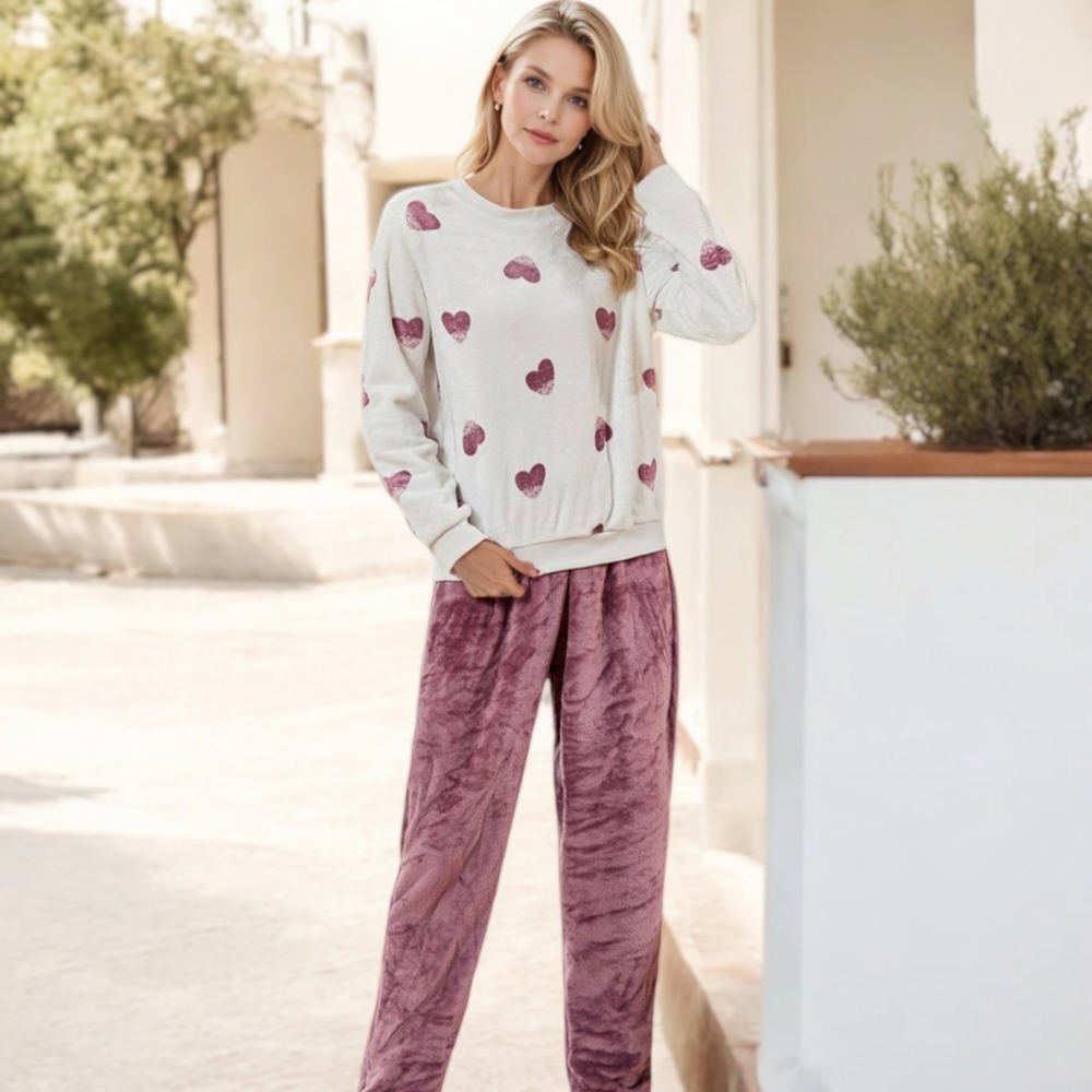 Knit & Lounge Heart Print Long Sleeve Cozy Pajama Set Soft Fleece Relaxed Fit Sleepwear