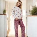 Large Knit & Lounge Heart Print Long Sleeve Cozy Pajama Set Soft Fleece Relaxed Fit Sleepwear