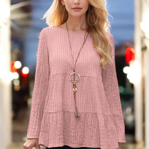 Knit & Lounge Tiered Textured Long Sleeve Peplum Top Relaxed Fit Casual Feminine Blouse