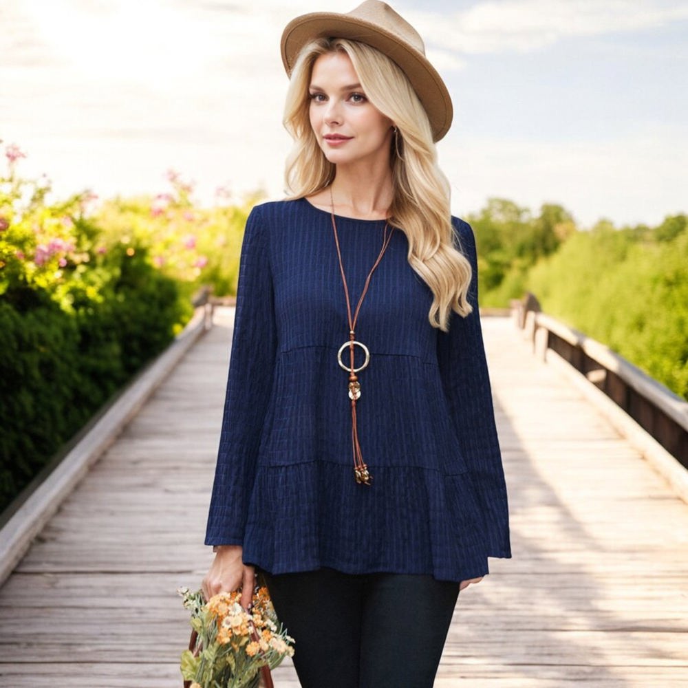 Knit & Lounge Tiered Textured Long Sleeve Peplum Top Relaxed Fit Casual Feminine Blouse