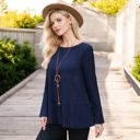 Blue Medium Knit & Lounge Tiered Textured Long Sleeve Peplum Top Relaxed Fit Casual Feminine Blouse