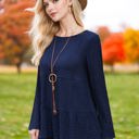 Blue Small Knit & Lounge Tiered Textured Long Sleeve Peplum Top Relaxed Fit Casual Feminine Blouse