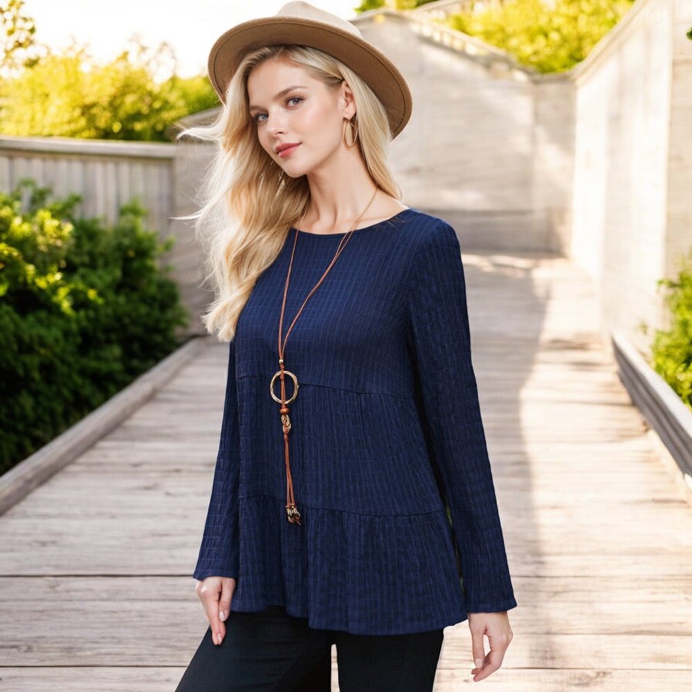 Knit & Lounge Tiered Textured Long Sleeve Peplum Top Relaxed Fit Casual Feminine Blouse