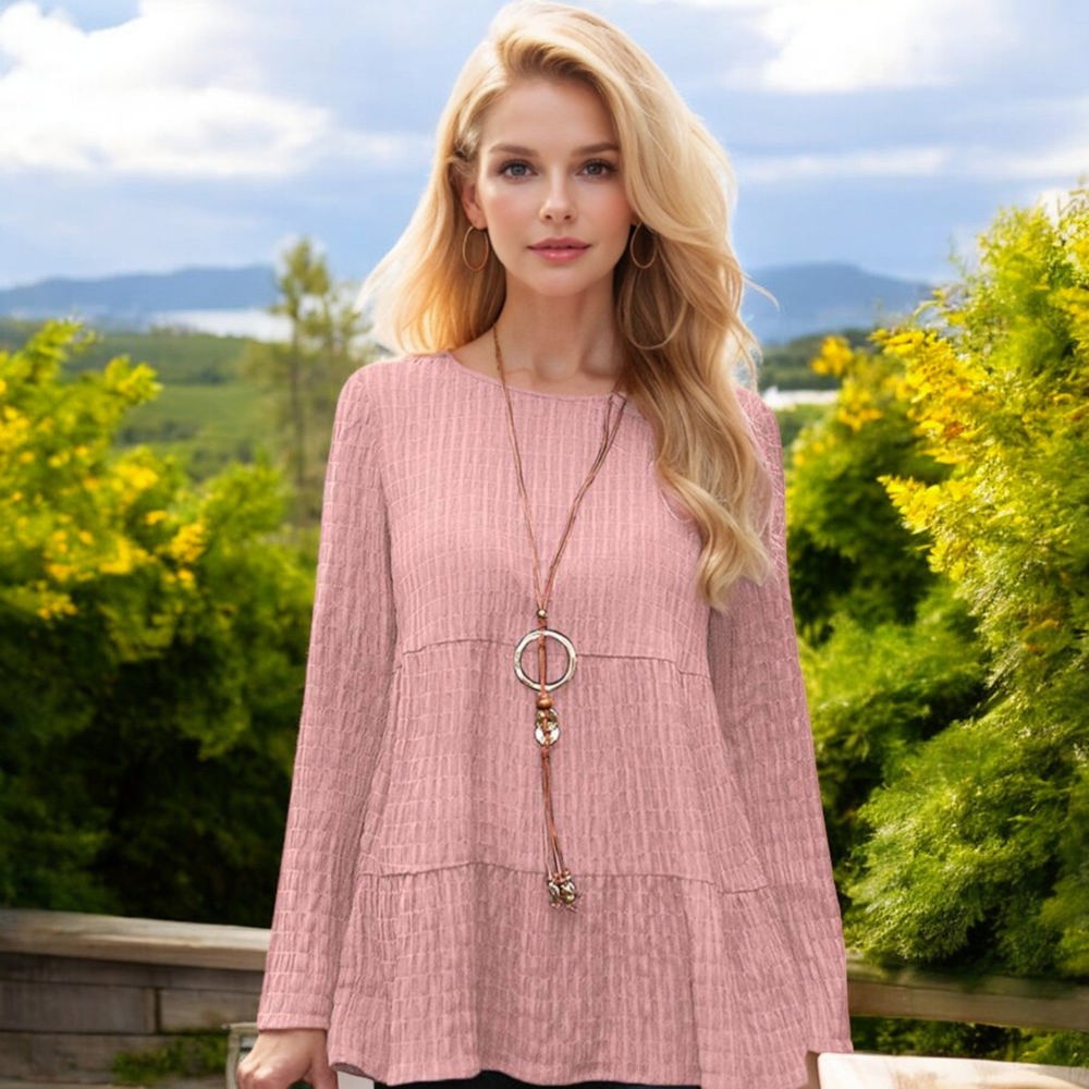 Knit & Lounge Tiered Textured Long Sleeve Peplum Top Relaxed Fit Casual Feminine Blouse