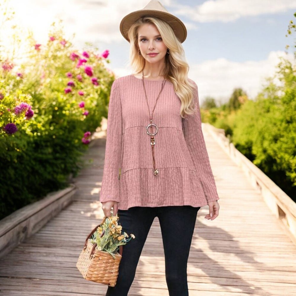 Knit & Lounge Tiered Textured Long Sleeve Peplum Top Relaxed Fit Casual Feminine Blouse