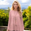 Pink Medium Knit & Lounge Tiered Textured Long Sleeve Peplum Top Relaxed Fit Casual Feminine Blouse