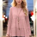 Pink Small Knit & Lounge Tiered Textured Long Sleeve Peplum Top Relaxed Fit Casual Feminine Blouse