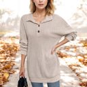 Medium Knit & Lounge Ribbed Long Sleeve Collared Buttoned Tunic Sweater Casual Relaxed Fit Cozy Top