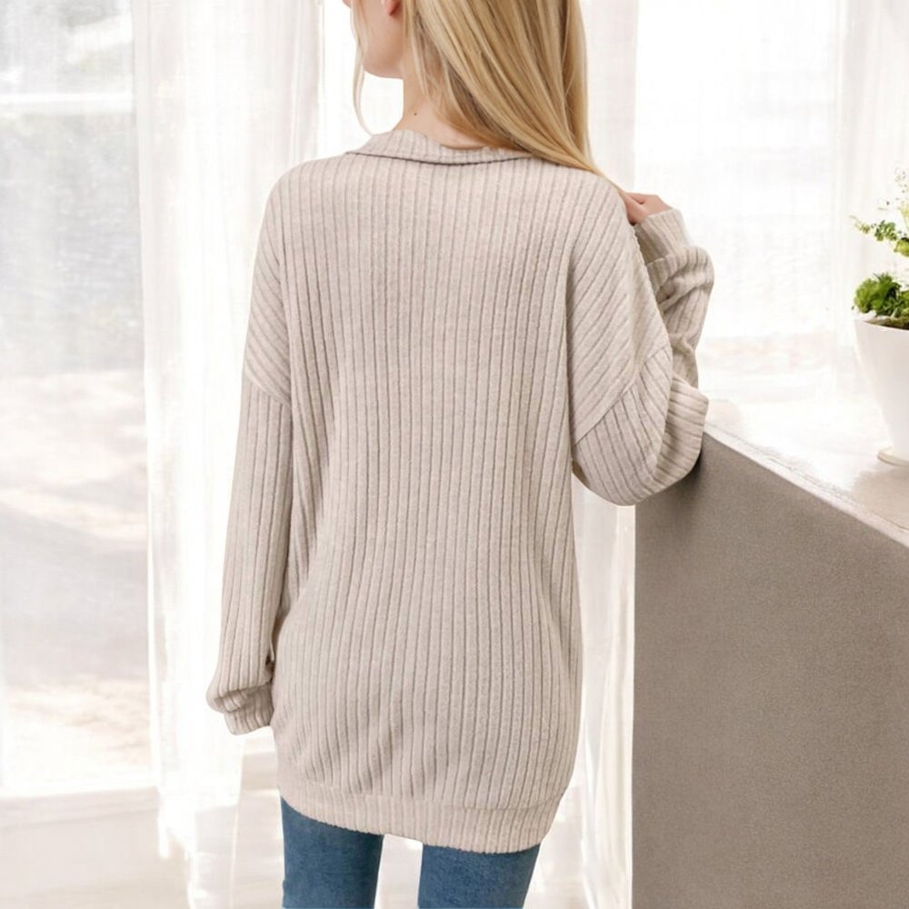 Knit & Lounge Ribbed Long Sleeve Collared Buttoned Tunic Sweater Casual Relaxed Fit Cozy Top