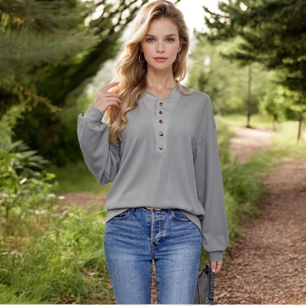 Knit & Lounge Buttoned Henley Long Sleeve Pullover Casual Relaxed Fit Waffle Knit Top