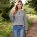  Knit & Lounge Buttoned Henley Long Sleeve Pullover Casual Relaxed Fit Waffle Knit Top