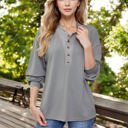 Large Knit & Lounge Buttoned Henley Long Sleeve Pullover Casual Relaxed Fit Waffle Knit Top