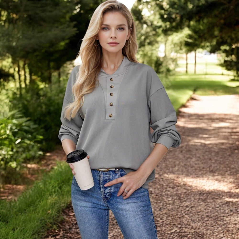 Knit & Lounge Buttoned Henley Long Sleeve Pullover Casual Relaxed Fit Waffle Knit Top