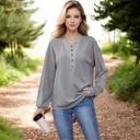 Large Knit & Lounge Buttoned Henley Long Sleeve Pullover Casual Relaxed Fit Waffle Knit Top