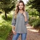 Medium Knit & Lounge Buttoned Henley Long Sleeve Pullover Casual Relaxed Fit Waffle Knit Top