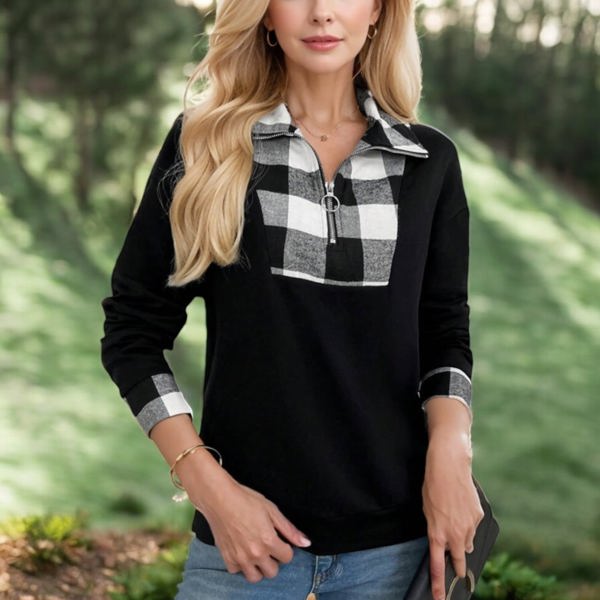 Knit & Lounge Plaid Accent Half-Zip Long Sleeve Pullover Casual Relaxed Fit Cozy Top