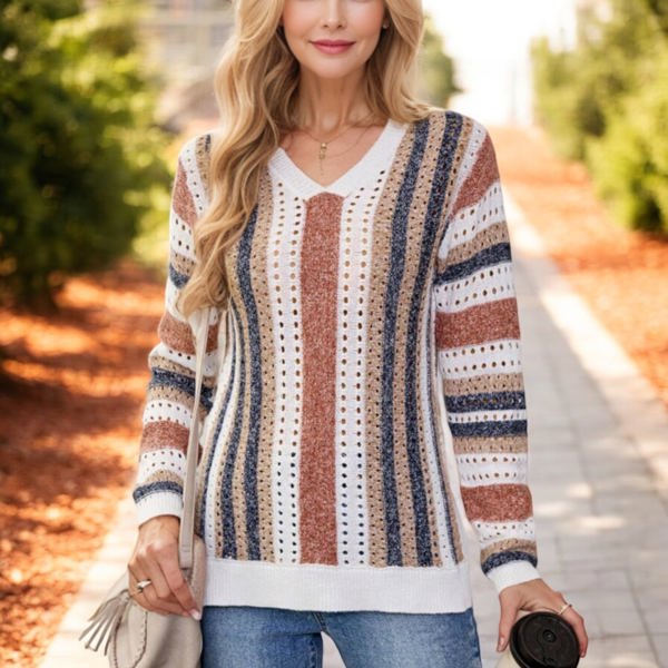 Knit & Lounge Striped V-Neck Long Sleeve Crochet Knit Sweater Casual Lightweight Cozy Top