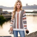 Medium Knit & Lounge Striped V-Neck Long Sleeve Crochet Knit Sweater Casual Lightweight Cozy Top