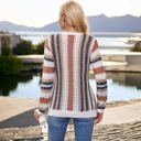 Medium Knit & Lounge Striped V-Neck Long Sleeve Crochet Knit Sweater Casual Lightweight Cozy Top