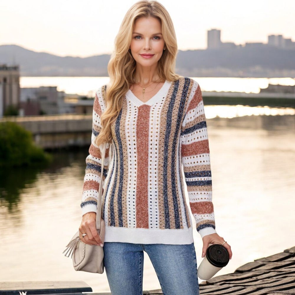 Knit & Lounge Striped V-Neck Long Sleeve Crochet Knit Sweater Casual Lightweight Cozy Top