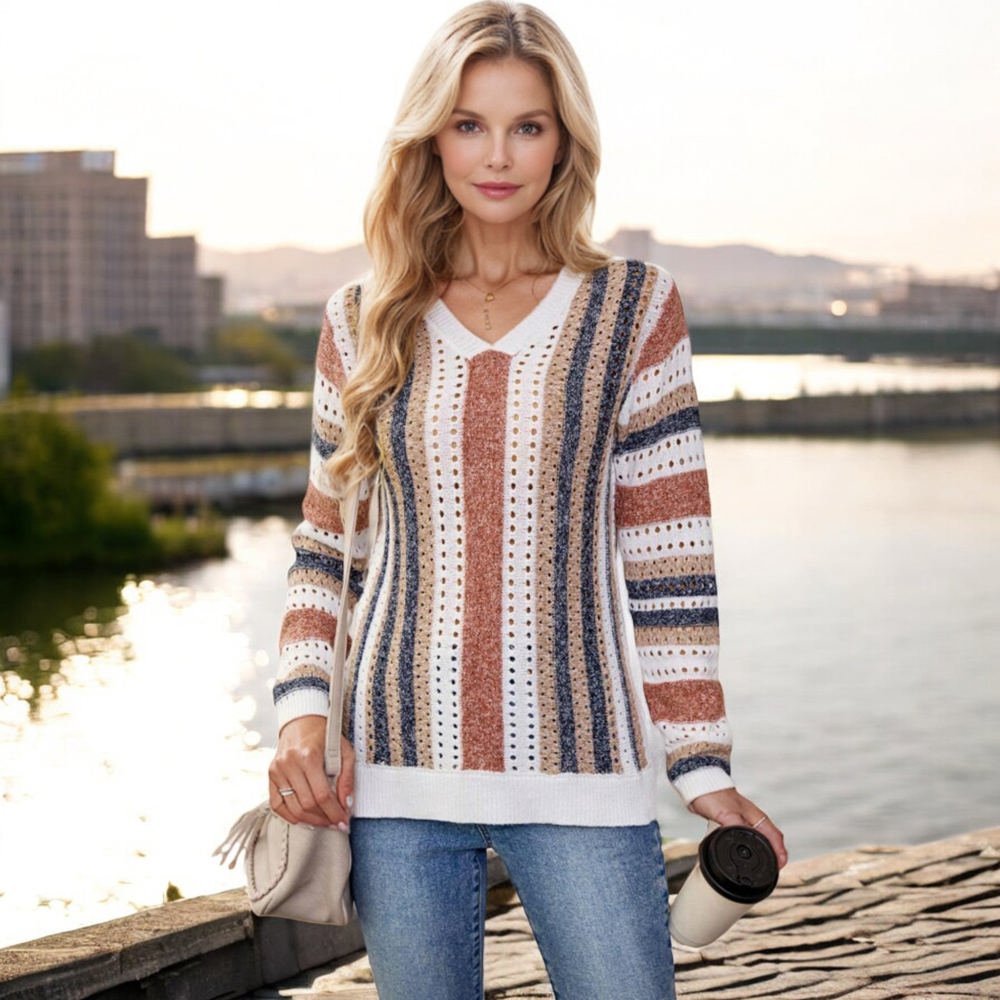 Knit & Lounge Striped V-Neck Long Sleeve Crochet Knit Sweater Casual Lightweight Cozy Top