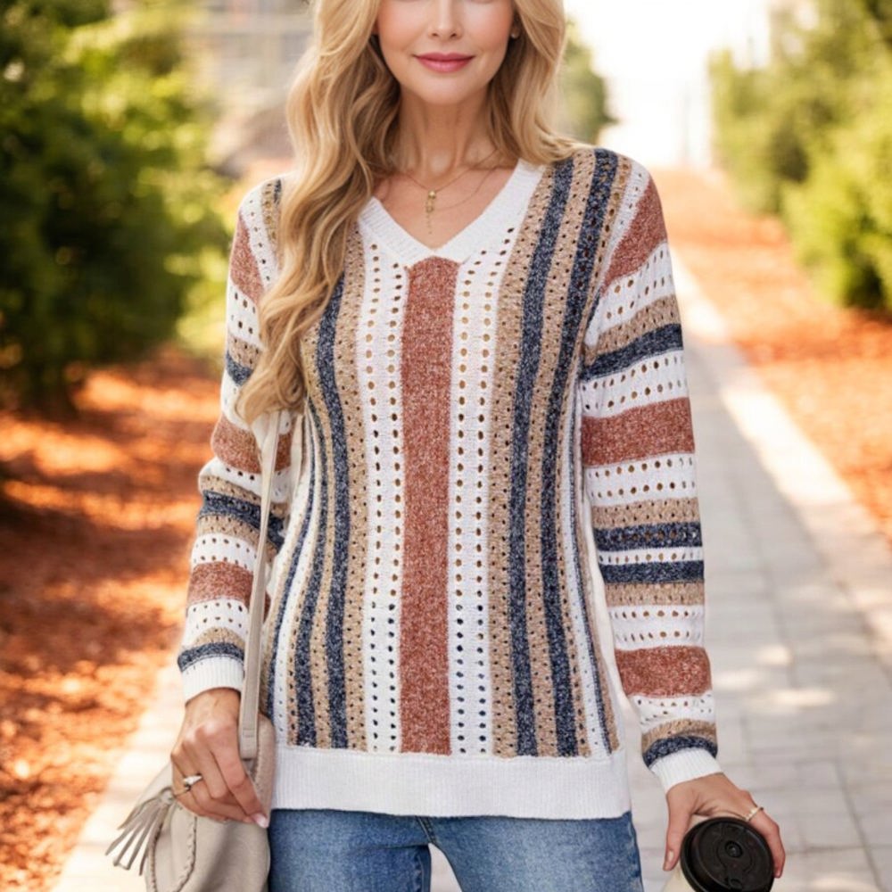 Knit & Lounge Striped V-Neck Long Sleeve Crochet Knit Sweater Casual Lightweight Cozy Top