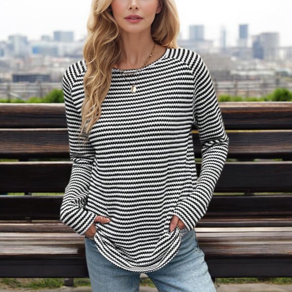 Knit & Lounge Striped Long Sleeve Round Neck Lightweight Casual Sweater Relaxed Fit Versatile Top