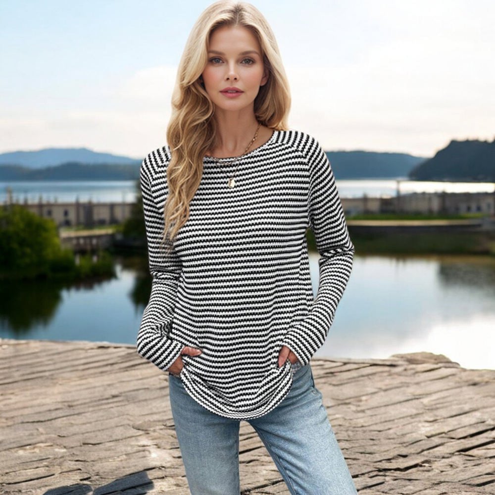 Knit & Lounge Striped Long Sleeve Round Neck Lightweight Casual Sweater Relaxed Fit Versatile Top