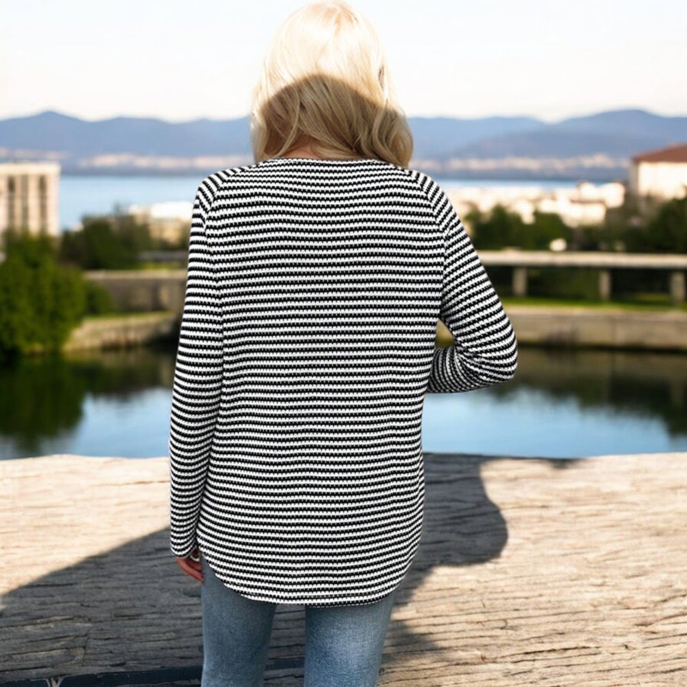 Knit & Lounge Striped Long Sleeve Round Neck Lightweight Casual Sweater Relaxed Fit Versatile Top