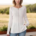  Knit & Lounge Ribbed Long Sleeve Round Neck Asymmetrical Hem Lightweight Sweater Stylish Casual Top