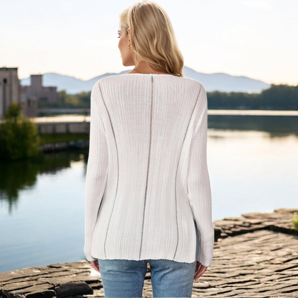 Knit & Lounge Ribbed Long Sleeve Round Neck Asymmetrical Hem Lightweight Sweater Stylish Casual Top