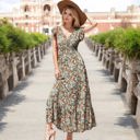 Large Knit & Lounge Floral Print V-Neck Cap Sleeve Maxi Dress with Smocked Waist Elegant Flowing Dress