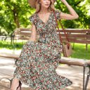 Large Knit & Lounge Floral Print V-Neck Cap Sleeve Maxi Dress with Smocked Waist Elegant Flowing Dress