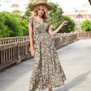 Large Knit & Lounge Floral Print V-Neck Cap Sleeve Maxi Dress with Smocked Waist Elegant Flowing Dress