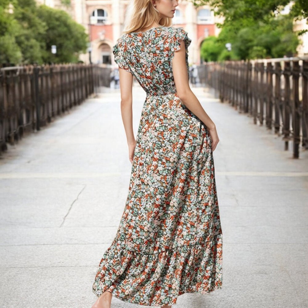 Knit & Lounge Floral Print V-Neck Cap Sleeve Maxi Dress with Smocked Waist Elegant Flowing Dress