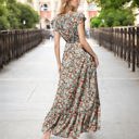 Large Knit & Lounge Floral Print V-Neck Cap Sleeve Maxi Dress with Smocked Waist Elegant Flowing Dress