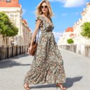 Medium Knit & Lounge Floral Print V-Neck Cap Sleeve Maxi Dress with Smocked Waist Elegant Flowing Dress