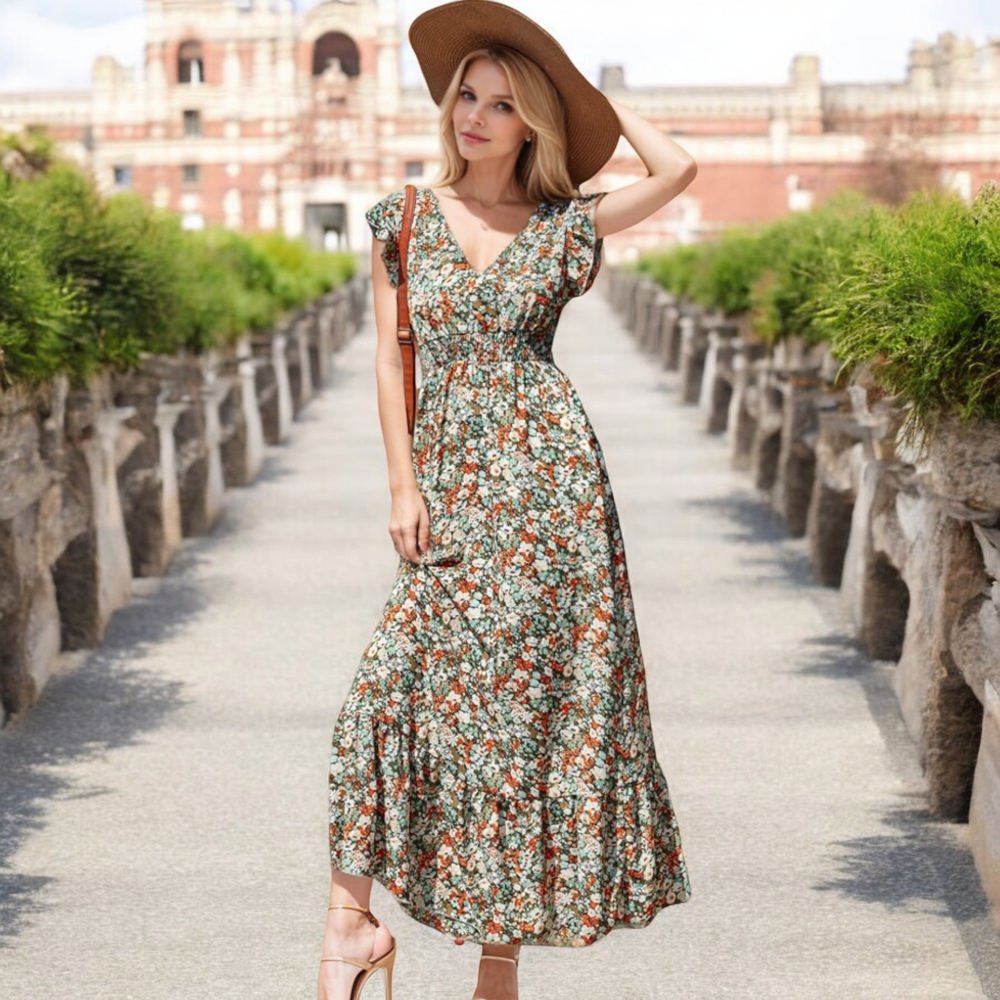 Knit & Lounge Floral Print V-Neck Cap Sleeve Maxi Dress with Smocked Waist Elegant Flowing Dress