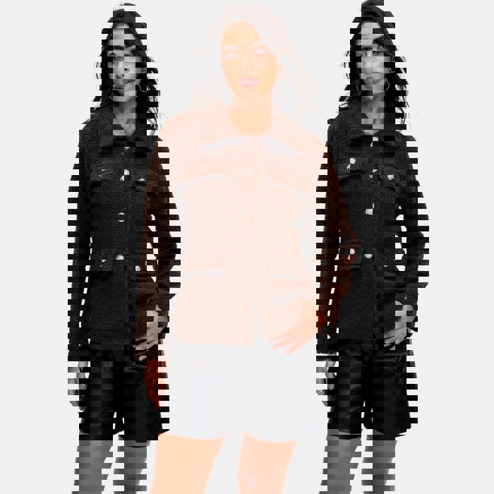 Textured Fleece Button Front Jacket with Soft Cozy Feel Collared Neckline Front Patch Pockets Relaxed Easy Fit and Stylish Everyday Layering